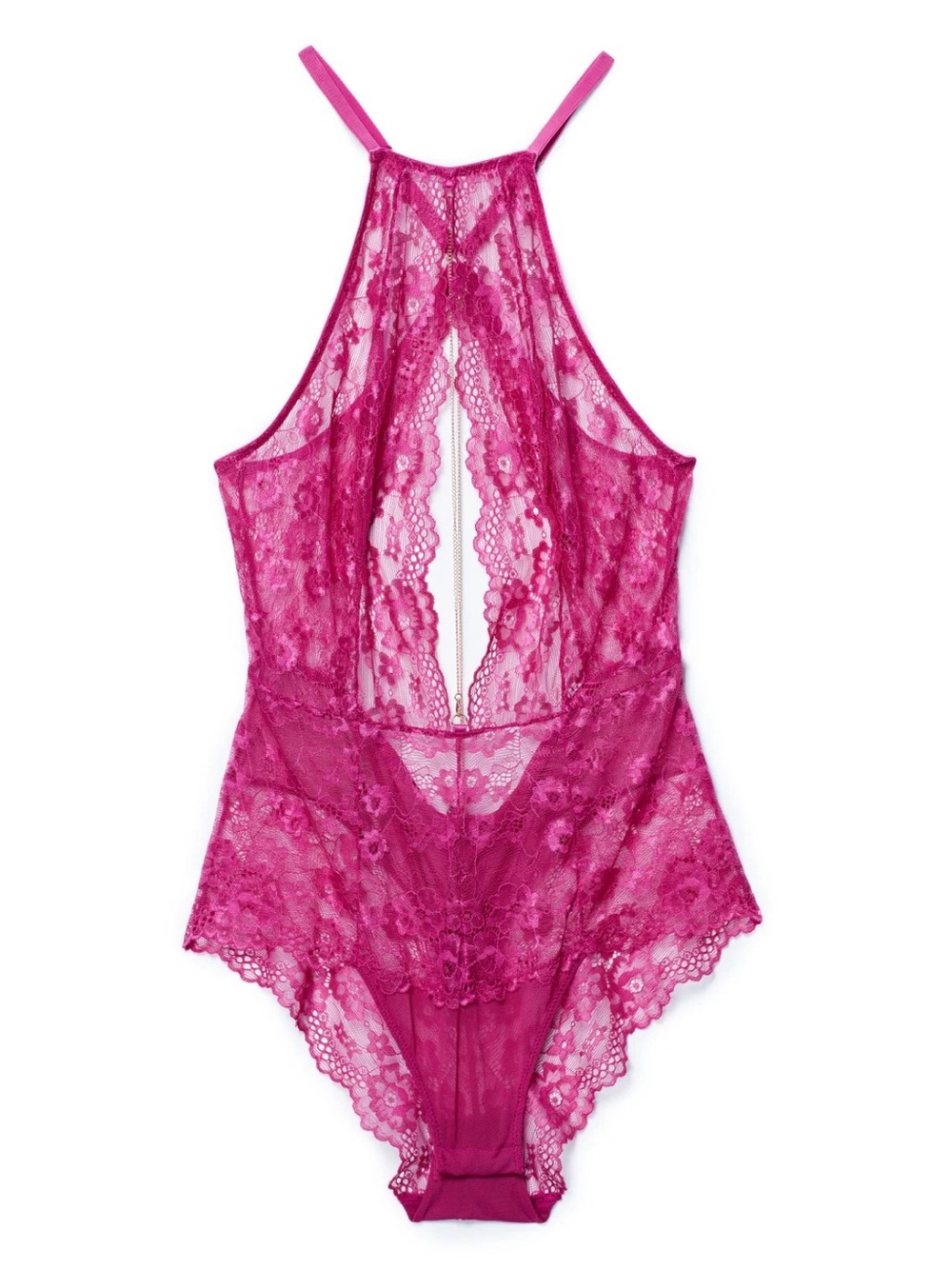 Adore Me Renetta Sheer Lace Halter Teddy Bodysuit with Chain- Fuchsia Pink
